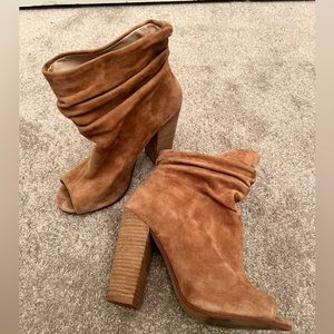 CL Chinese Laundry Camel Suede Open Toe Booties